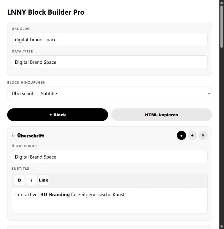 LNNY Block Builder interface with content blocks and live preview