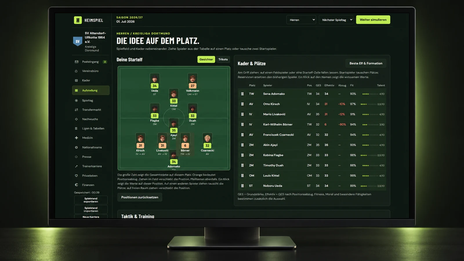 HEIMSPIEL football-manager lineup with modular player portraits and squad statistics in a monitor mockup.