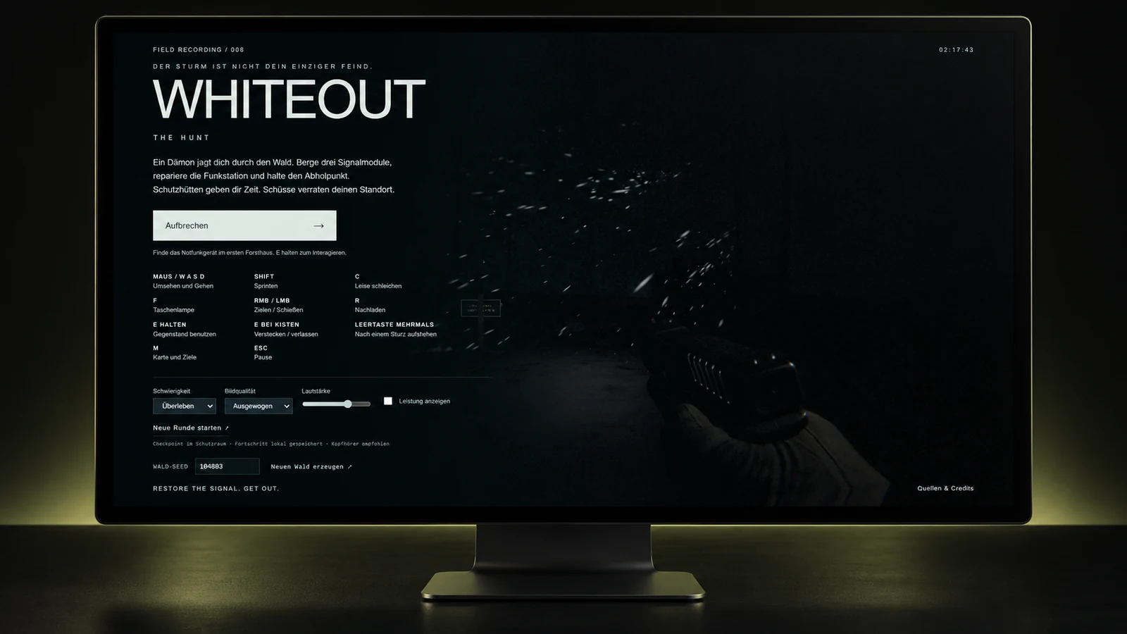 Whiteout horror browser-game menu and snowy forest presented in a monitor mockup.