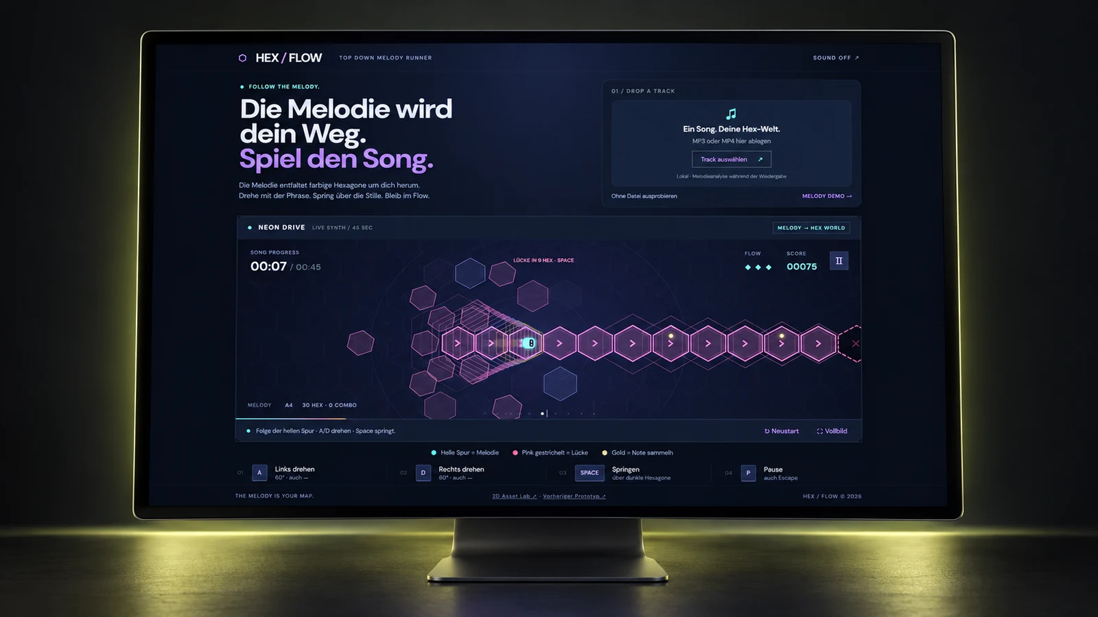 HEX FLOW music-game interface with a generated hexagonal path in a monitor mockup.