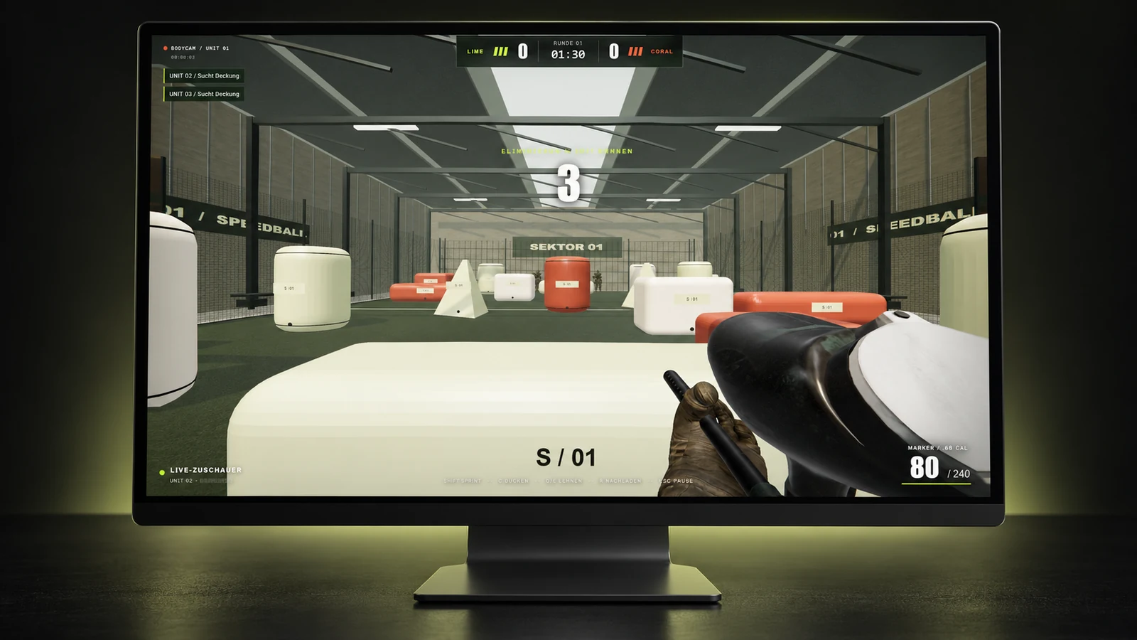 Bodycam Paintball browser-game arena and marker shown in a desktop monitor mockup.